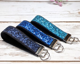 Glitter canvas sparkle wristlet key fob keychain, navy blue, royal, teal