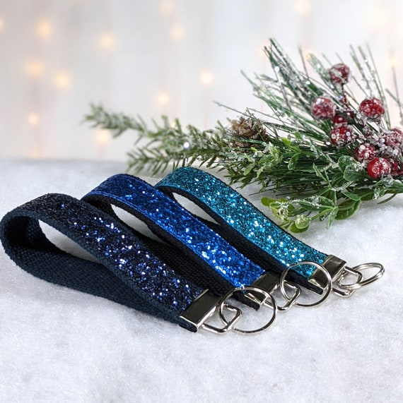Glitter Canvas Sparkle Wristlet Key Fob Keychain Navy Blue Royal Teal Etsy
