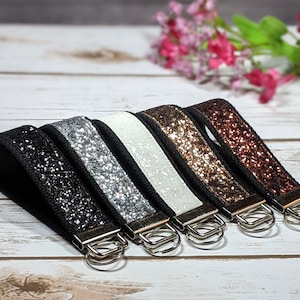 Glitter canvas sparkle wristlet key fob keychain, black, white, copper, silver