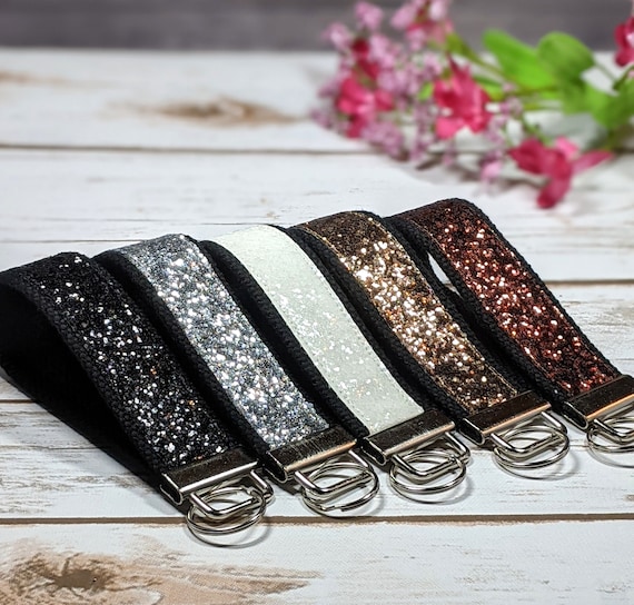 thecraftqueen Glitter Canvas Sparkle Wristlet Key Fob Keychain, Black, White, Copper, Silver