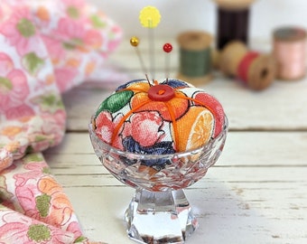 Handmade Feedsack Pincushion in Vintage Crystal Cordial glass