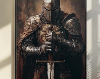 Ironclad Resolve: Crusader Knight ウォールアートプリント - 中世の勇敢な装飾、ファンタジーの壁飾り、中世コア、中世ファンタジーアート、Castlecore