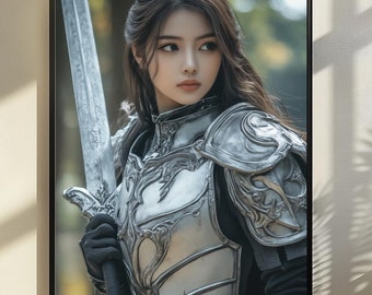 レディパラディン：光り輝く騎士の壁アートプリント - 女性戦士の装飾、中世ファンタジーの装飾、キャッスルコア、ファンタジーアート、中世ファンタジーアート