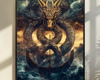 World Serpent's Embrace: Jormungandr Wall Art Print, Norse Mythology Wall Decor, Norse Fantasy Wall Art, Viking Fantasy Art, Viking Art