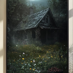 Eerie Forest Cottage Wall Art Print, Woodland Wall Art, Cottagecore Wall Decor, Enchanted Woodland Landscape, Fairytale Wall Art Print
