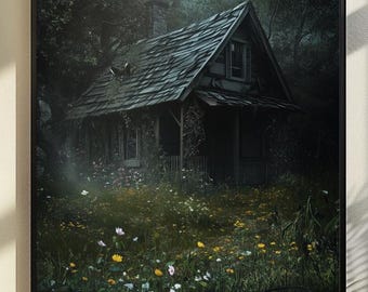 Stampa artistica da parete con cottage nella foresta inquietante, stampa artistica da parete con paesaggio boschivo, decorazione da parete in stile cottagecore, paesaggio boschivo incantato, stampa artistica da parete con tema fiabesco