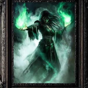 May include: A framed fantasy art print depicts a woman in a dark green gown with long black hair, holding glowing green orbs in her hands. The artwork is set against a smoky background, framed in a dark, ornate frame.