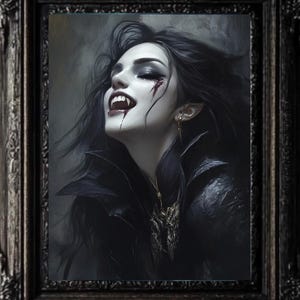 May include: A framed portrait of a vampire woman with long black hair, fangs, and blood on her face. The artwork is set against a dark background and framed in a decorative black frame, evoking a gothic theme.