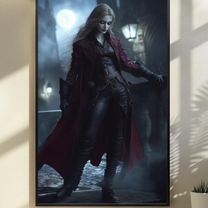 Nocturnal Huntress Vampire Wall Art Print, Dark Academia, Gothic Fantasy Decor, Vampirecore Wall Art, Vampire Wall Decor, Digital Gothic Art