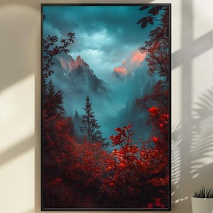 Crimson Peaks:  Dramatic Landscape Decor, Fantasy Landscape Mystic Fantasy Decor Epic Fantasy Art, Mountain Fantasy Art, Surreal Fantasy Art