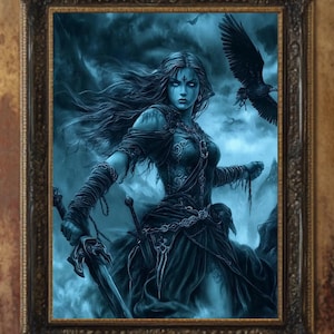 May include: A framed art print depicting a woman with long hair, holding a sword, and a raven against a stormy, blue backdrop. The artwork is presented in an ornate, decorative frame.