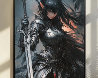 シャドウブレードエルフ：ダークな女性騎士のウォールアートプリント、壮大なファンタジー装飾、中世コア、壮大なファンタジーアート、中世ファンタジーアート、キャッスルコア