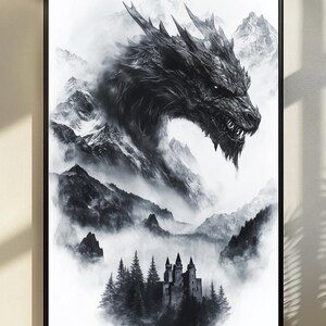 Mountain Dragon: Mist-Shrouded Peak Guardian Wall Art Print, Epic Fantasy Wall Decor, Dragon Fantasy Art, Dragoncore, Surreal Fantasy Art