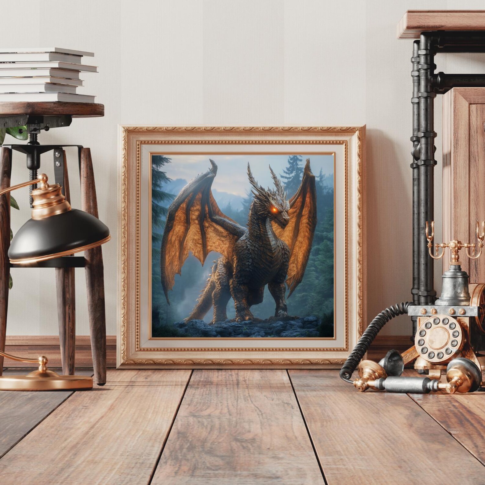 Copper Dragon Fantasy Wall Art Print, Mystic Fantasy Decor for Home ...