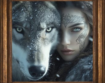Animal Bond Wolf Wall Art Print, Mystic Fantasy Decor for Home, Mystical Artwork, Wolf Painting, Wolf Lover Gift, Celtic Mythology, Wolf Art