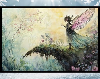 Stampa artistica da parete fantasy Verdant Wings, paesaggio fantasy, arredamento fantasy mistico, arte fantasy magica, arte fantasy mitica, stampa artistica delle fate