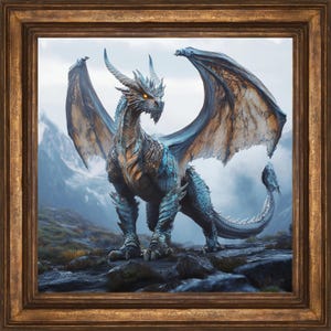 Azure Guardian: Majestic Blue Dragon Wall Art Print, Mystic Fantasy Decor for Home, Dragon Painting, Dragon Lover Gift, Blue Dragon Wall Art