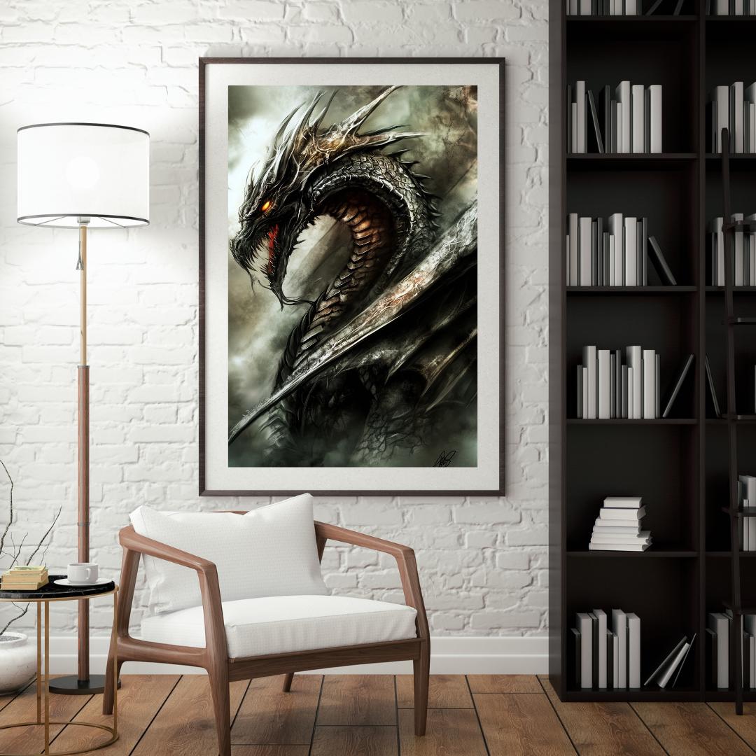 Titan of the Iron Mist Dragon Art Print, Dark Drake Wall Decor, Metal ...