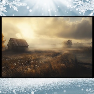 Morning Mist Farm: Rustic Prairie Landscape Wall Art, Atmospheric Landscape Decor,  Pristine Nature Wall Art, Serene Landscape Wall Art