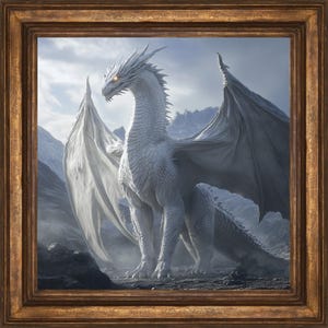 ホワイトドラゴンファンタジーウォールアートプリント、神秘的なファンタジーホームデコレーション、神秘的なウォールアート、ドラゴンの絵画、ドラゴン愛好家へのギフト、ドラゴンウォールアート