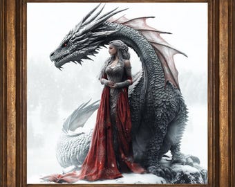 Dragon's Flame: Ice Queen & Dragon Wall Art Print, Mystic Fantasy Decor, Dragon Painting, Dragon Lover Gift, Dragon Art, Dragoncore,