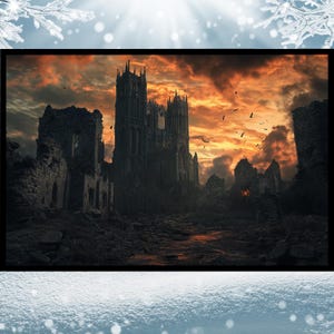 Ashen Kingdom: Ruined Castle Under Fiery Sky Wall Art Print, Fantasy Landscape, Mystic Fantasy Decor, Fantasy Wall Art, Dark Fantasy Art