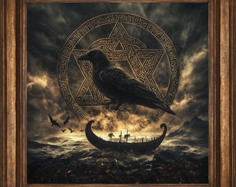 Odin's Raven: Nordic Star & Drakkar Wall Art Print, Dark Mythology Decor, Mythology Art, Viking Lover Gift, Norse Fantasy Art, Viking Art