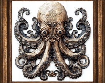 Kraken steenhouwen Fantasy Wall Art Print, mystieke fantasie decor voor thuis, mystieke kunstwerken, cadeau fantasie minnaar, fantasie steenhouwen kunst