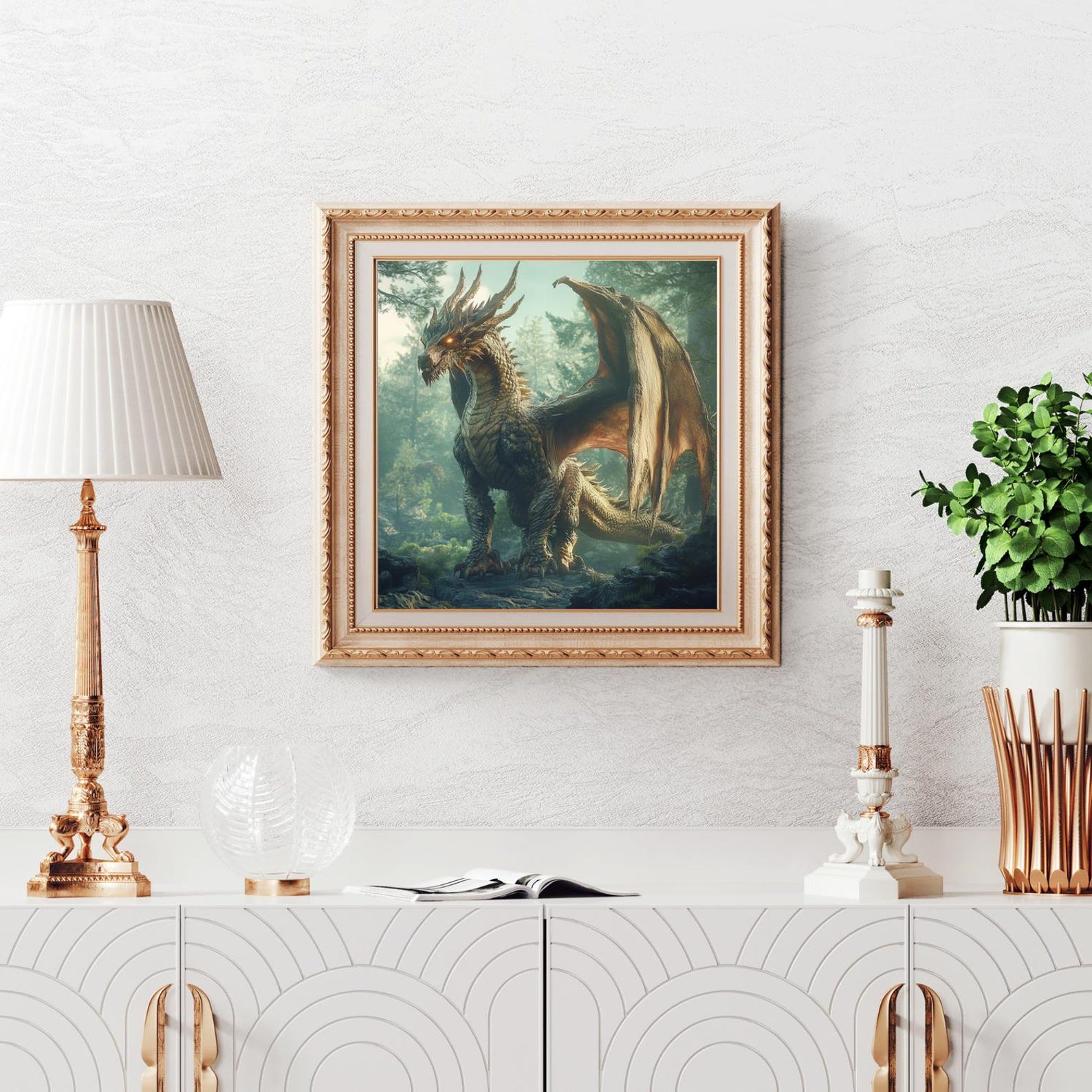 Gold Dragon Fantasy Wall Art Print, Mystic Fantasy Decor for Home ...