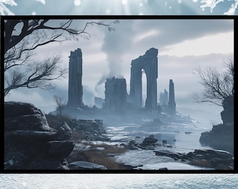 Stampa artistica da parete fantasy "Rovine nebbiose", paesaggio fantasy, decorazione fantasy mistica, arte murale mistica, arte fantasy epica, arte digitale, dark fantasy