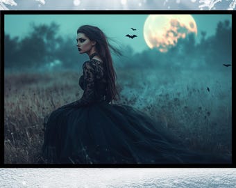 Lunar Lament Female Vampire Wall Art Print, Dark Academia, Gothic Fantasy Decor, Mystical Wall Art, Fantasy Wall Art, Digital Gothic Art