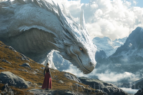 Colossal White Dragon Wall Art Print, Fantasy Landscape, Mystic