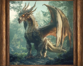 Gold Dragon Fantasy Wall Art Print, Mystic Fantasy Decor for Home, Mystical Wall Art, Dragon Painting, Dragon Lover Gift, Dragon Wall Art