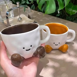 Smiley Face Mug With Feet, Unique Ceramic Mug, Girls Tea Cup, Coffee Lover Gift