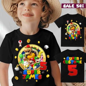 Personalisatie Mario-verjaardagsshirt, verjaardag Mario Family-verjaardagsshirts, super aangepast verjaardagsshirt, dubbelzijdig verjaardags Mario-shirt