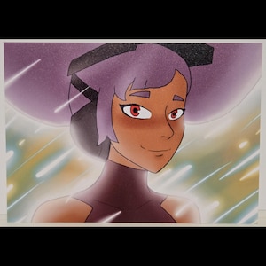 Op de afbeelding: Illustratie van een personage met paars haar en rode ogen. Het personage heeft een donkere huidskleur en glimlacht. De achtergrond bevat lichtstrepen en een zacht, gloeiend effect, waardoor een dynamische en artistieke compositie ontstaat.