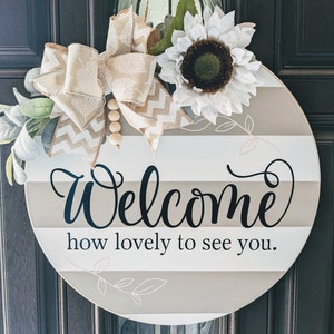 Welcome. Farmhouse Inspired Door Hanger. Front Door Decor. Front Porch Decor. Spring Summer Farmhouse Door Hanger Wreath