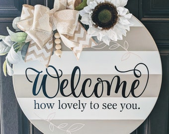 Welcome. Farmhouse Inspired Door Hanger. Front Door Decor. Front Porch Decor. Spring Summer Farmhouse Door Hanger Wreath