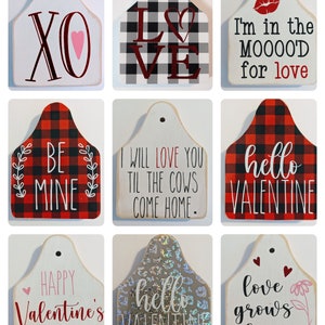 NEW Valentine&#39;s Day ear tags for Cow Head Farmhouse Inspired Door Hanger. Personalized Custom Ear Jewelry Tags for Cow Head door hanger