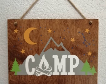 CAMP. Camping wooden sign. Glamping Door Hanger. Camping Enthusiast. RV decor. Wall decor for nursery. Camping themed birthday