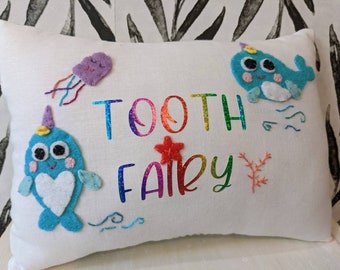 Narwhal Under the Sea themed Tooth Fairy Pillow. Girl bedding decor. Narwhal tooth cushion. Toddler kid birthday