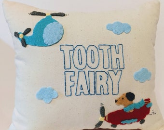 Vintage Airplane/ Helicopter Aviation themed Tooth Fairy Pillow. Boy bedding decor. Airplane bedding tooth cushion. Toddler kid birthday