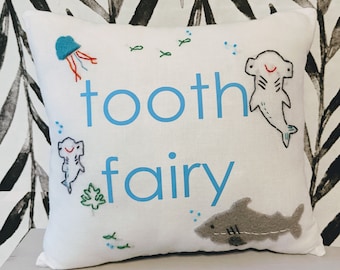 Shark Underwater Sea themed Tooth Fairy Pillow. Boy shark bedding decor. Toddler kid birthday