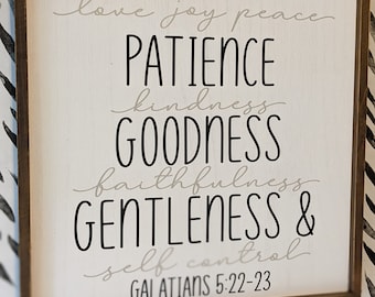 Farmhouse Inspired Christian Wall Decor. Patience Goodness Gentleness. Wood Frame Wall Farmhouse Decor with verse