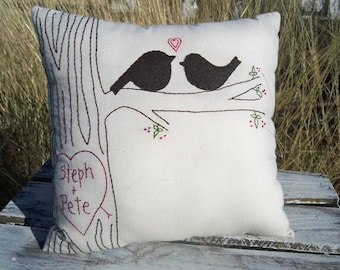 Large Personalized Love Bird Pillows with Faux Bois Stitching