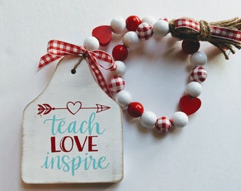 Farmhouse Inspired Teacher Beaded Garland Decor. Teach Love Inspire bead garland with tassel and ribbon. Farmhouse Teacher Classroom Decor.