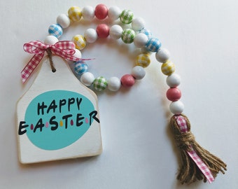 Friends Inspired Happy Easter Beaded Garland Decor. Easter bead garland with tassel and ribbon. Farmhouse Easter Decor. Tier Tray Decor