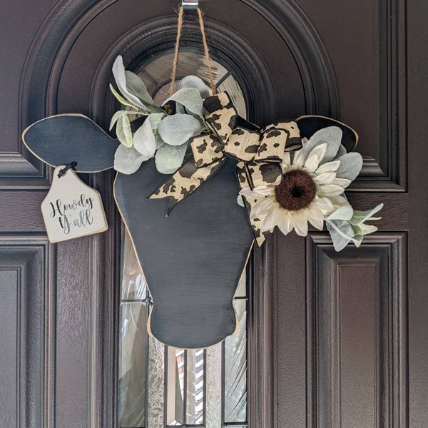 Cow Head Custom Farmhouse Inspired Door Hanger. Personalized Farmhouse Antiqued Cow Welcome Sign. Rustic Cow Front Porch Sign