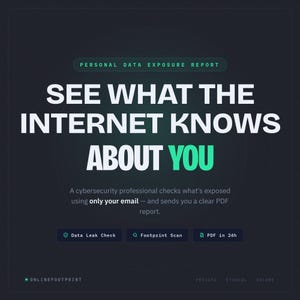 May include: A digital graphic with the text "SEE WHAT THE INTERNET KNOWS ABOUT YOU" in large white letters. The image promotes a personal data exposure report, including a data leak check and footprint scan.