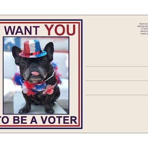 May include: A postcard featuring a French bulldog wearing a red, white, and blue hat and a red, white, and blue lei. The text "I WANT YOU TO BE A VOTER" is printed on the postcard. The text "thank you for writing postcards to voters! democracy needs you!" is printed on the back of the postcard.